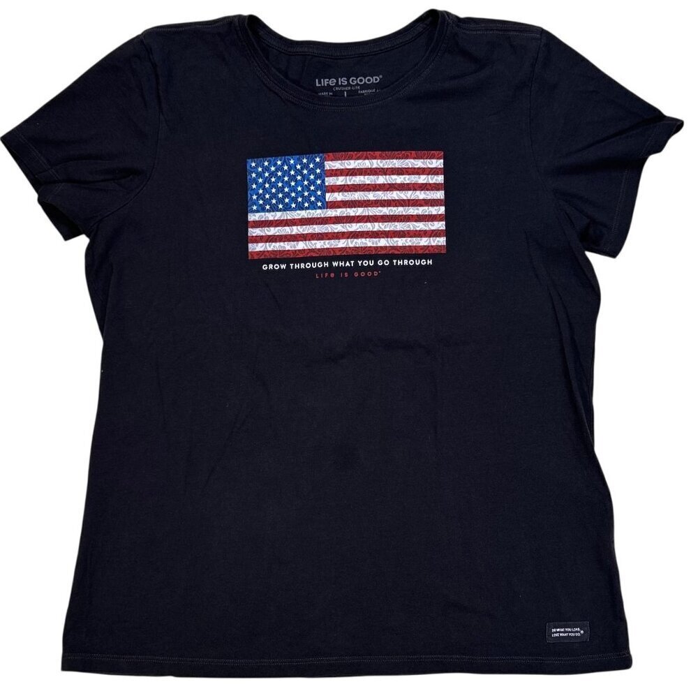 Life Is Good Shirt Grow Flag Graphic Large Women Black T-Shirt Casual